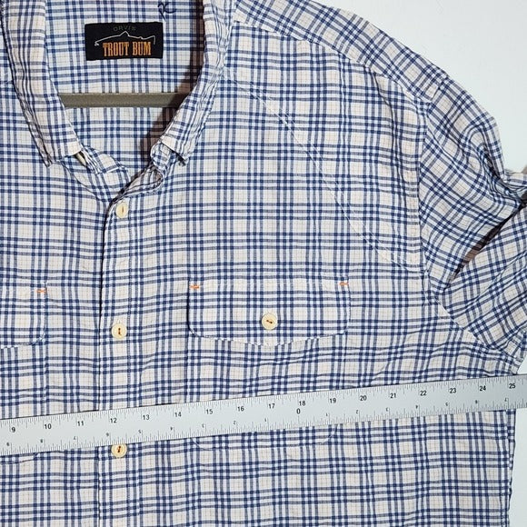 Orvis Trout Bum Blue and Orange Plaid Button Down Shirt Size XL