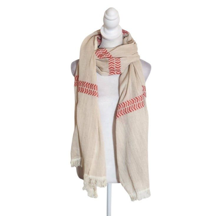 Beige and Coral Chevron Woven Fringe Scarf One Size