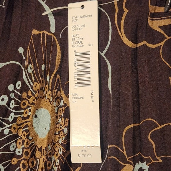 Isabella DeMarco Brown and Blue Floral Pleated Silk Skirt Size 2 NWT