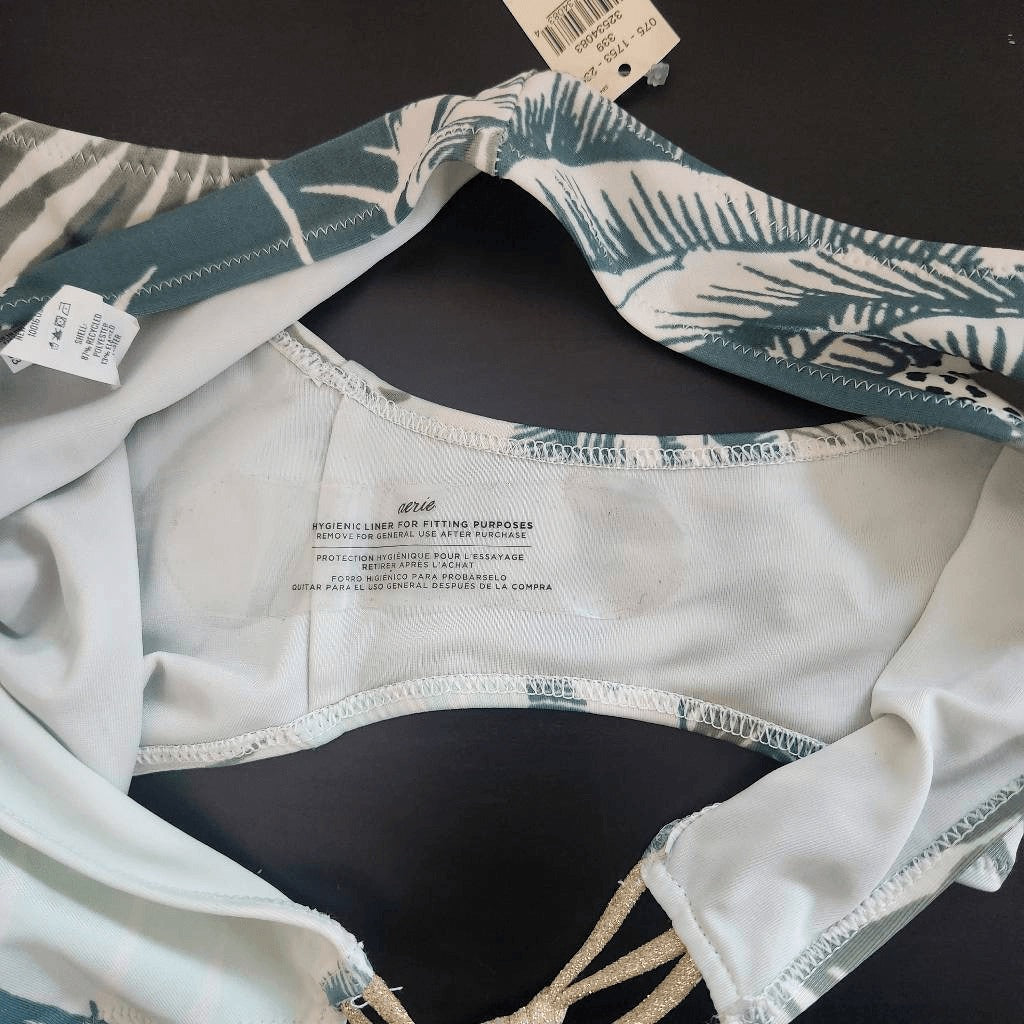 Aerie Green and Gold Print Bikini Bottoms NWT Size Small Full Coverage Bottoms