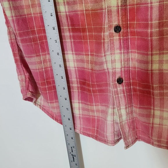 George Red Brown and Pink Ombre Bleached Plaid Flannel Shirt Size Medium