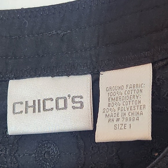 Chico’s Black Eyelet Cotton Jacket Size 1 Medium