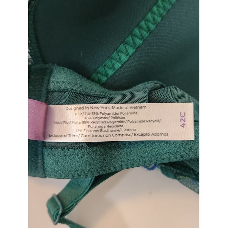 Adore Me Green Padded Underwire Bra with Blue Floral Accent Size 42C NWT
