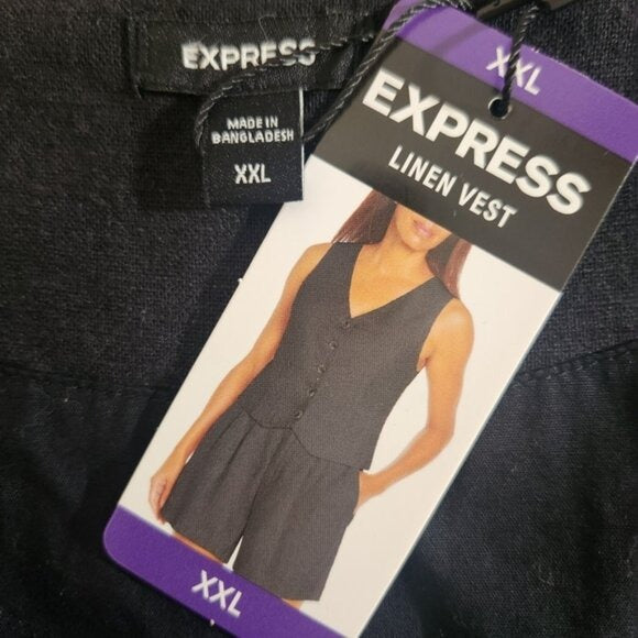 Express Black Linen Button-Up Vest Size XXL NWT Linen Blend Vest