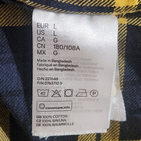 H&M Mens Yellow and Navy Plaid Flannel Long Sleeve Shirt Size Large