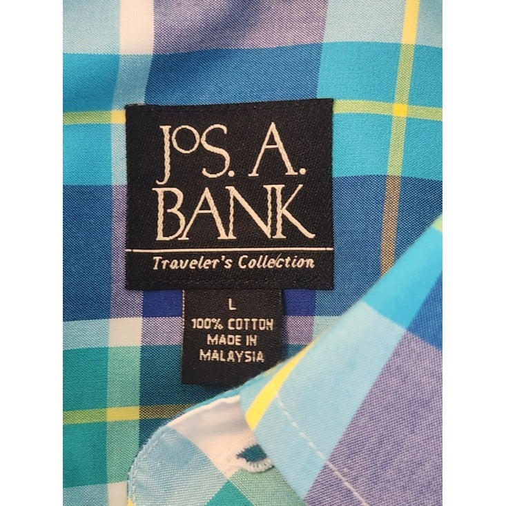 Jos. A. Bank Blue Plaid Short Sleeve Button Down Shirt Size Large