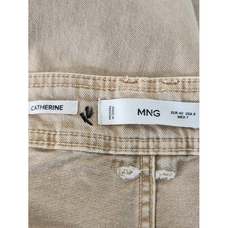 MNG Catherine Distressed Tan Wide Leg Jeans with Cut-Off Hem Size 8