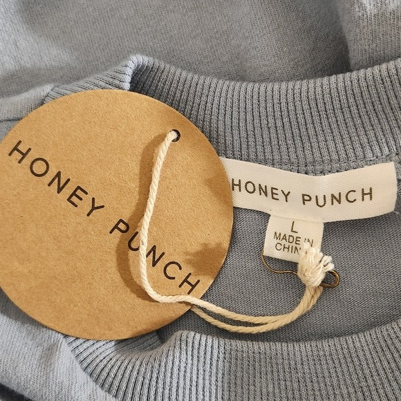 Honey Punch Blue Distressed Top with BRAT Embroidery Size Large, New