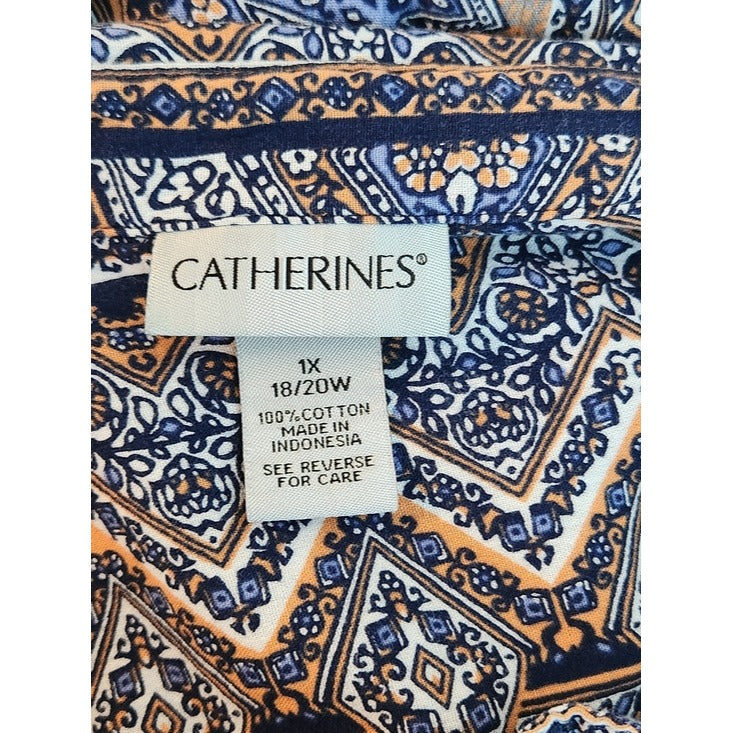 Catherines Blue and Orange Geometric Print Button Down Blouse Size 1X 18/20