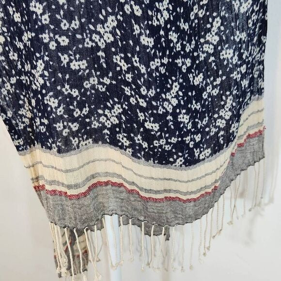 Navy, Red, and Cream Boho Floral Scarf with Fringe
