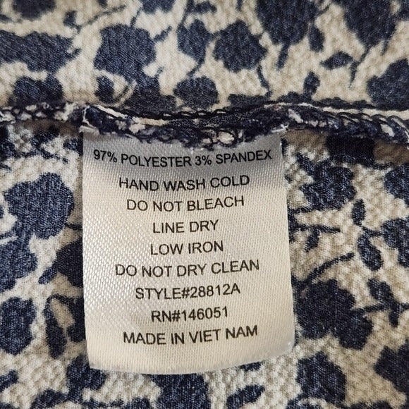 Monteau Blue Floral Wrap Style Blouse Size Large Navy and White Floral Blouse