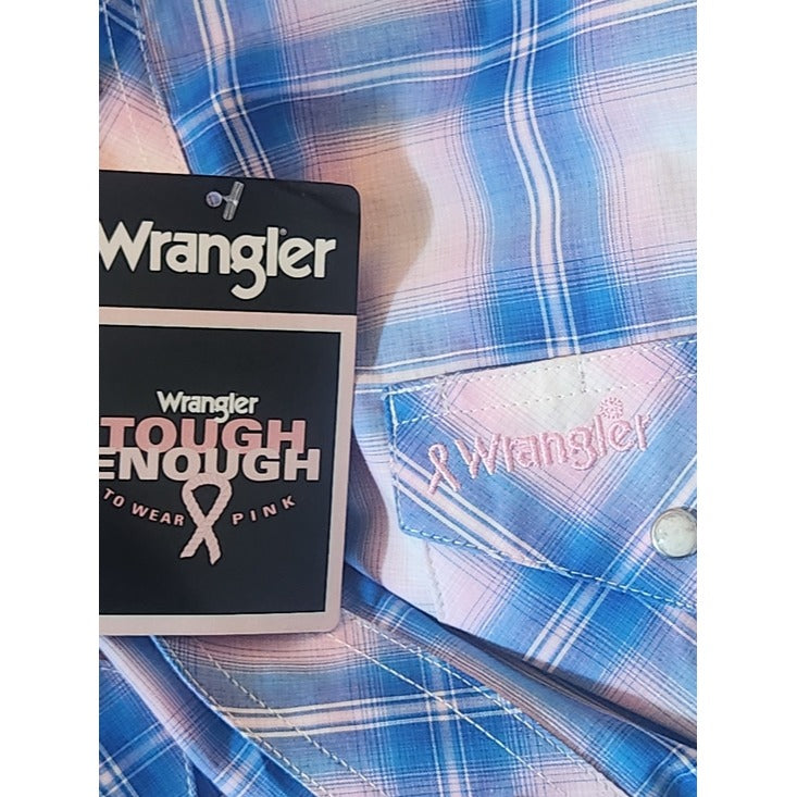 Wrangler Mens Blue and Pink Plaid Western Snap Shirt Size Large NWT