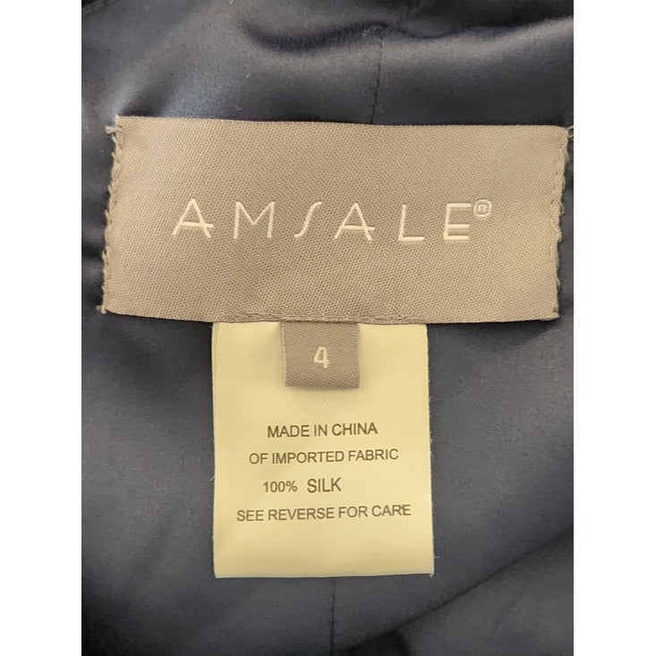 Amsale Navy 100% Silk One Shoulder Formal Maxi Dress Size 4 Wedding Guest Dress