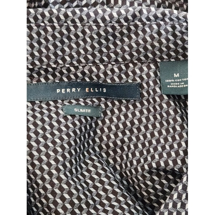 Perry Ellis Navy Geometric Print Long Sleeve Button Down Shirt Size Medium