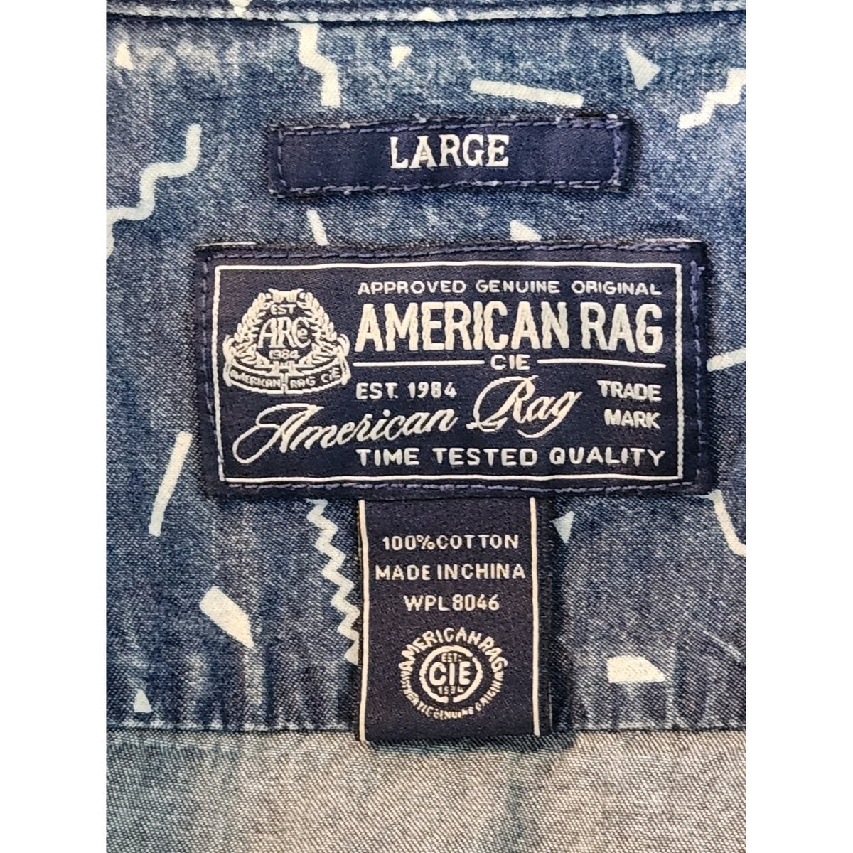 American Rag Blue Chambray Retro 80s Print Button Down Shirt Size Large