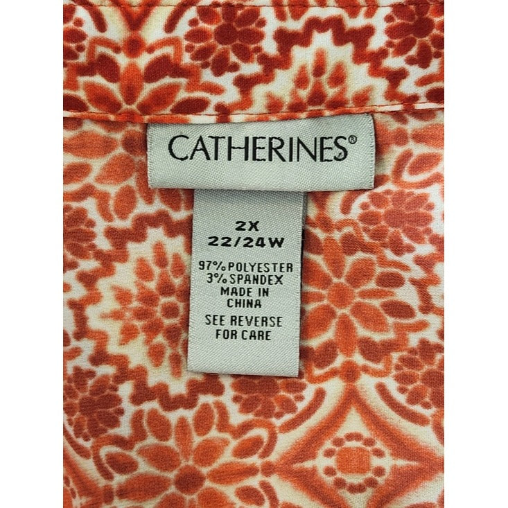 Catherines Rust Red and White Boho Print Button Down Blouse Size 2X