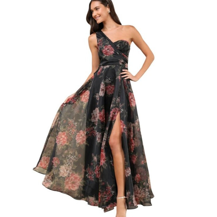 Lulus Black Floral One Shoulder Organza Formal Dress XL NWT Wedding Guest Dress