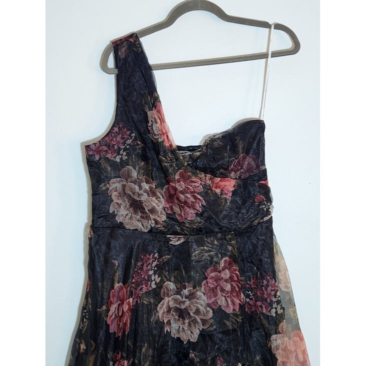 Lulus Black Floral One Shoulder Organza Formal Dress XL NWT Wedding Guest Dress