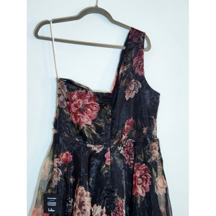 Lulus Black Floral One Shoulder Organza Formal Dress XL NWT Wedding Guest Dress