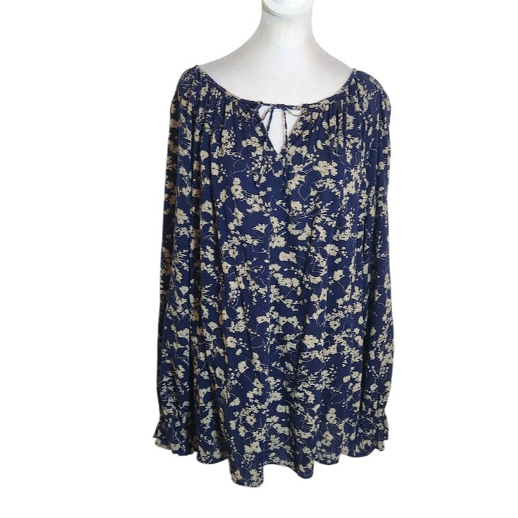Chaps Navy Blue and Khaki Floral Print Peasant Blouse Size 1X