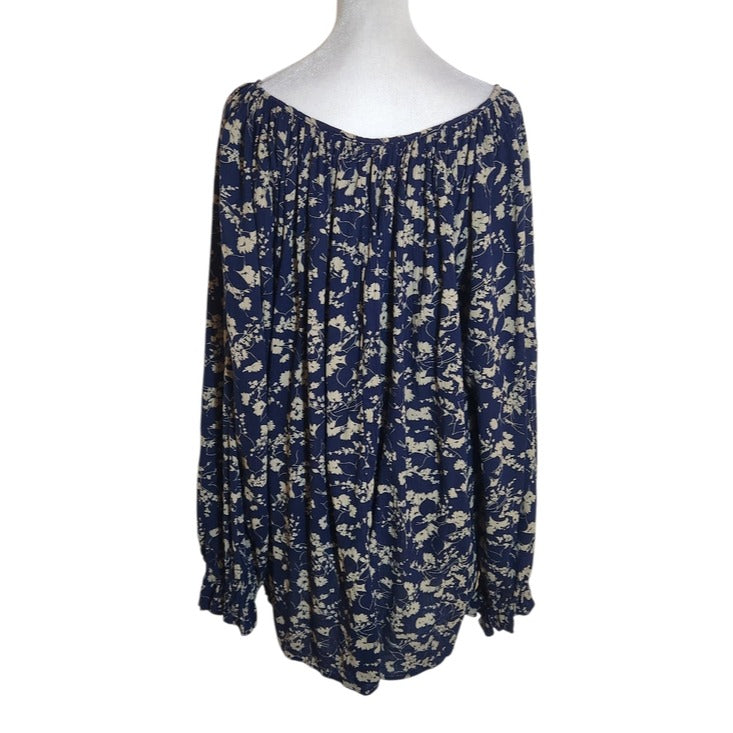 Chaps Navy Blue and Khaki Floral Print Peasant Blouse Size 1X