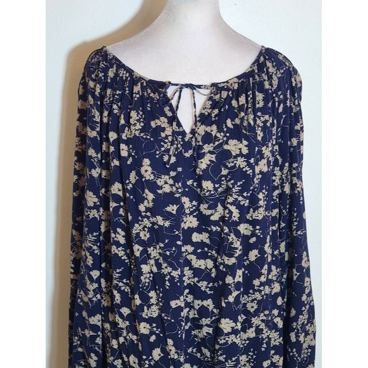 Chaps Navy Blue and Khaki Floral Print Peasant Blouse Size 1X