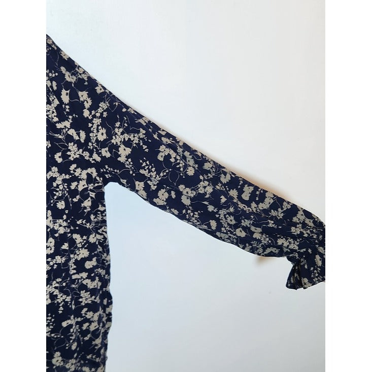 Chaps Navy Blue and Khaki Floral Print Peasant Blouse Size 1X