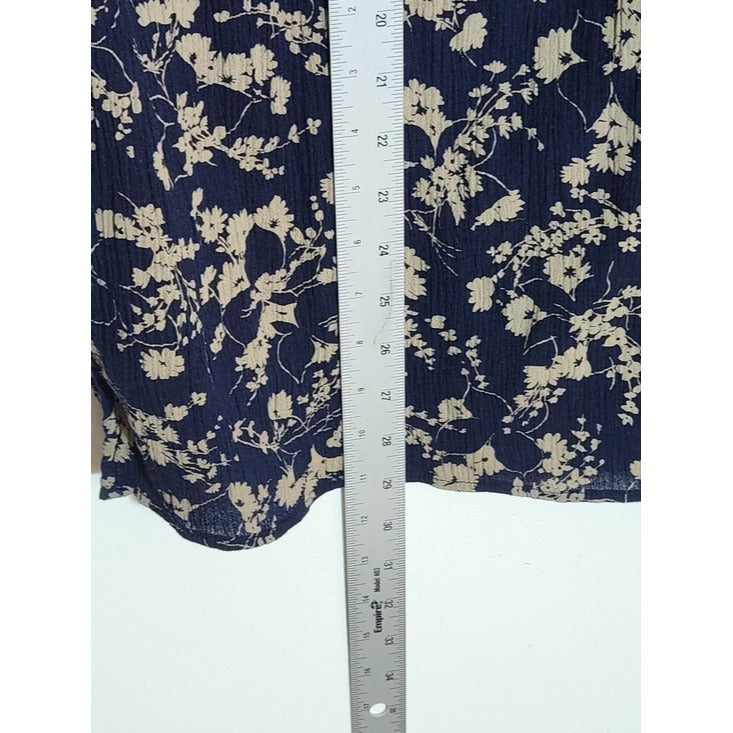 Chaps Navy Blue and Khaki Floral Print Peasant Blouse Size 1X