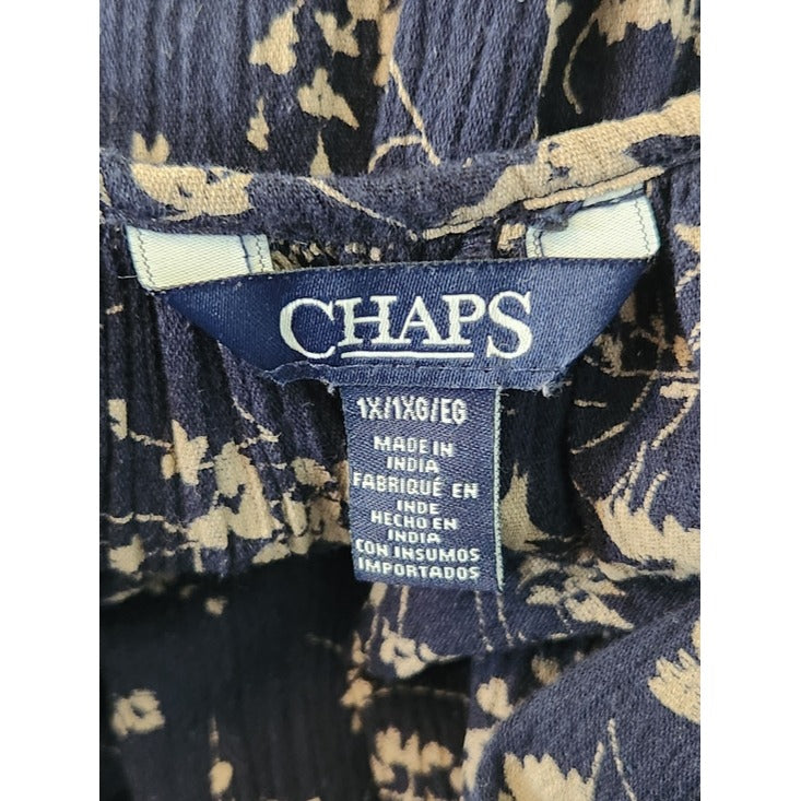 Chaps Navy Blue and Khaki Floral Print Peasant Blouse Size 1X