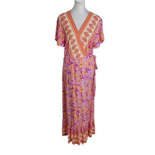 Zesica Purple and Orange Boho Floral Wrap Maxi Dress Size Large