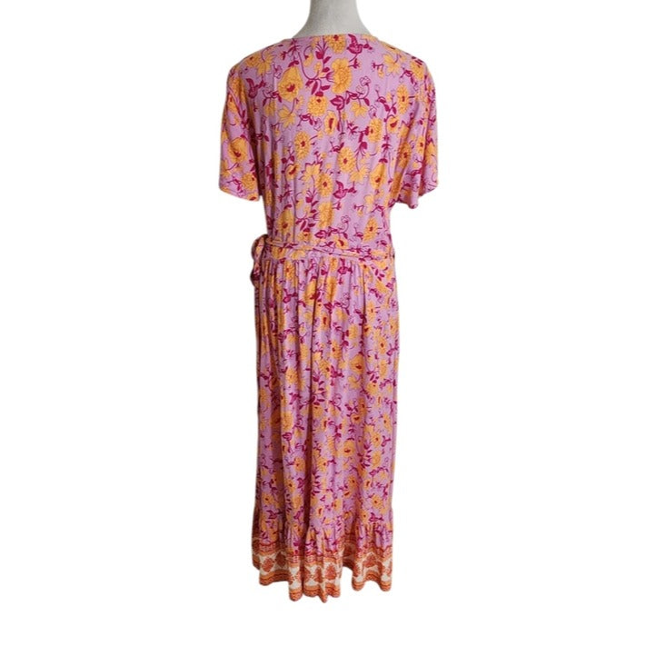 Zesica Purple and Orange Boho Floral Wrap Maxi Dress Size Large