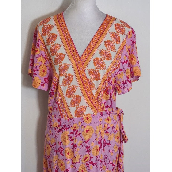 Zesica Purple and Orange Boho Floral Wrap Maxi Dress Size Large