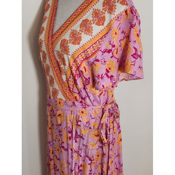 Zesica Purple and Orange Boho Floral Wrap Maxi Dress Size Large