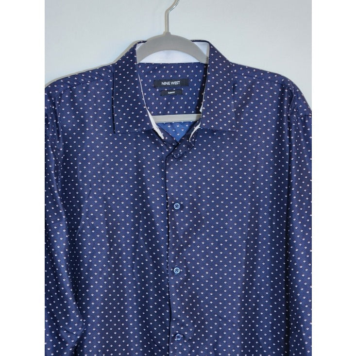 Nine West Mens Navy and Red Diamond Print Button-up Shirt Size XL 17-17.5 36-37