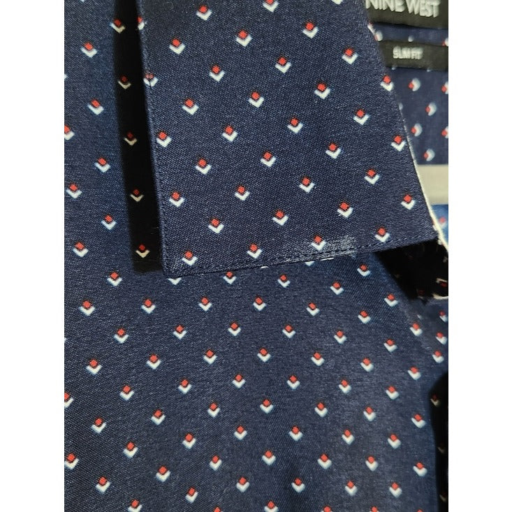 Nine West Mens Navy and Red Diamond Print Button-up Shirt Size XL 17-17.5 36-37