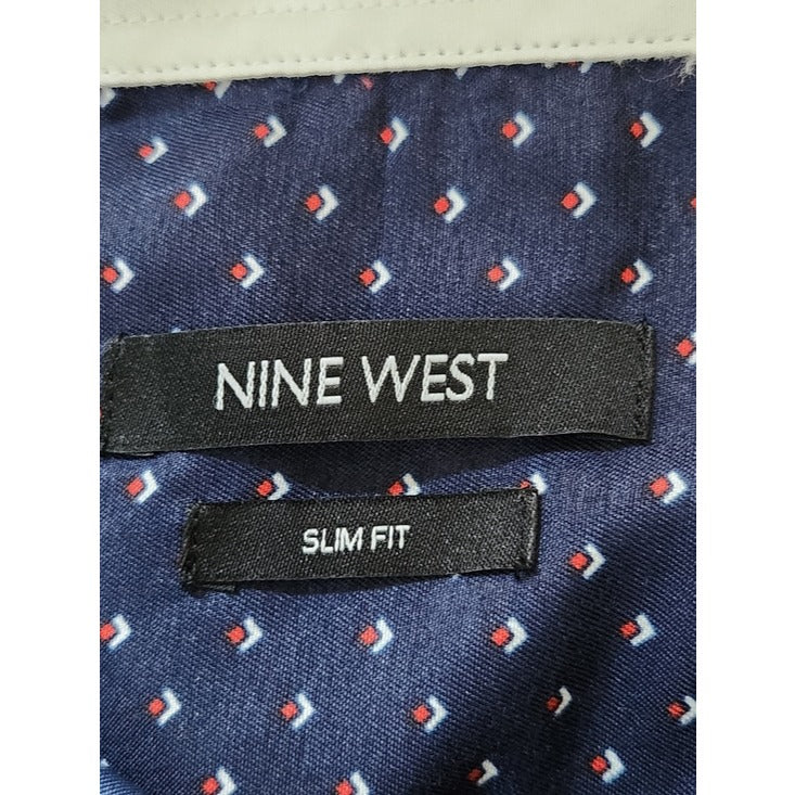 Nine West Mens Navy and Red Diamond Print Button-up Shirt Size XL 17-17.5 36-37