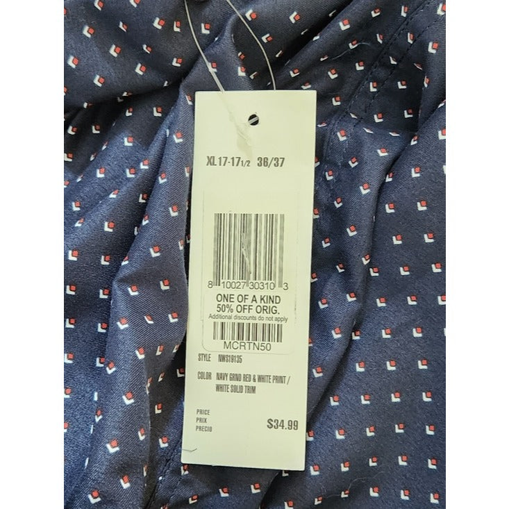 Nine West Mens Navy and Red Diamond Print Button-up Shirt Size XL 17-17.5 36-37