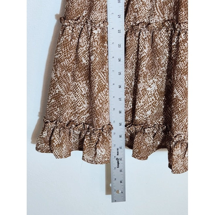 Mine Brown Snakeskin Print Tiered Mini Dress Size Medium Wedding Guest Dress