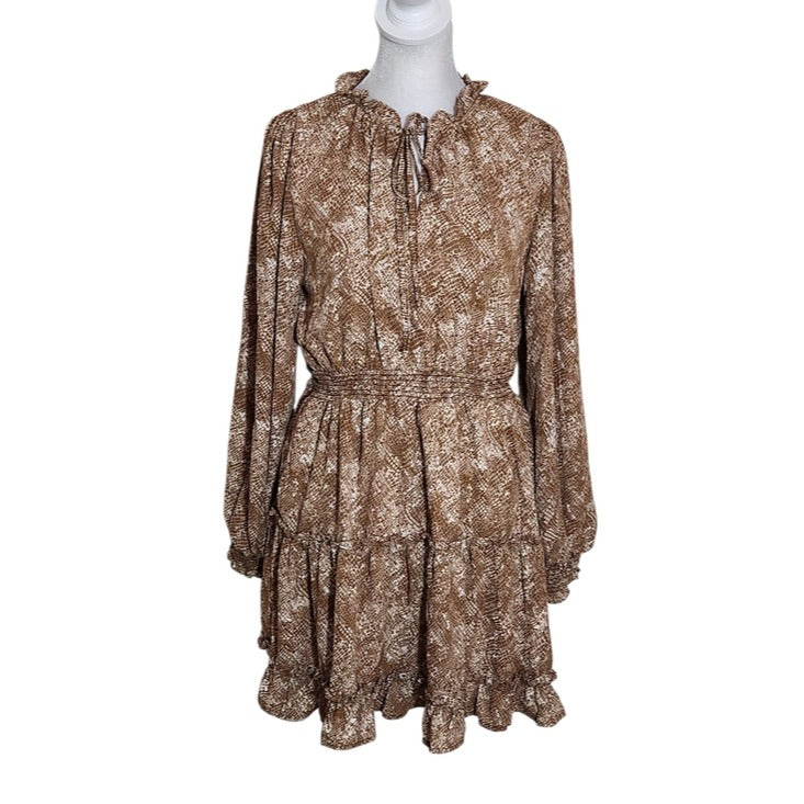 Mine Brown Snakeskin Print Tiered Mini Dress Size Medium Wedding Guest Dress