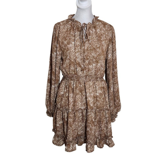 Mine Brown Snakeskin Print Tiered Mini Dress Size Medium Wedding Guest Dress