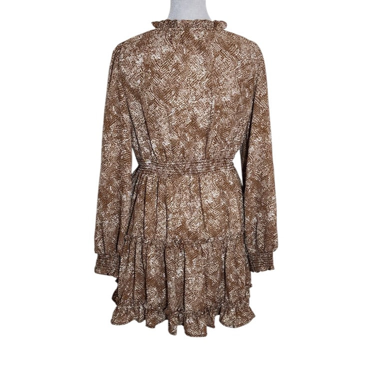Mine Brown Snakeskin Print Tiered Mini Dress Size Medium Wedding Guest Dress