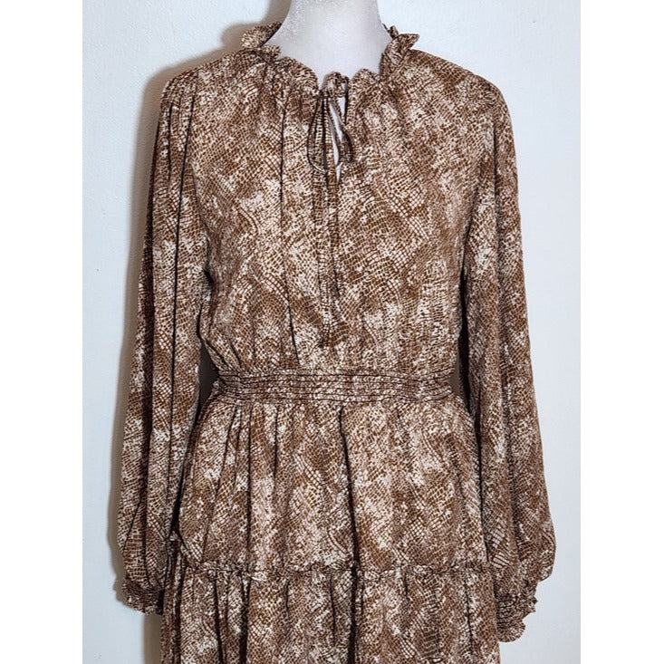 Mine Brown Snakeskin Print Tiered Mini Dress Size Medium Wedding Guest Dress