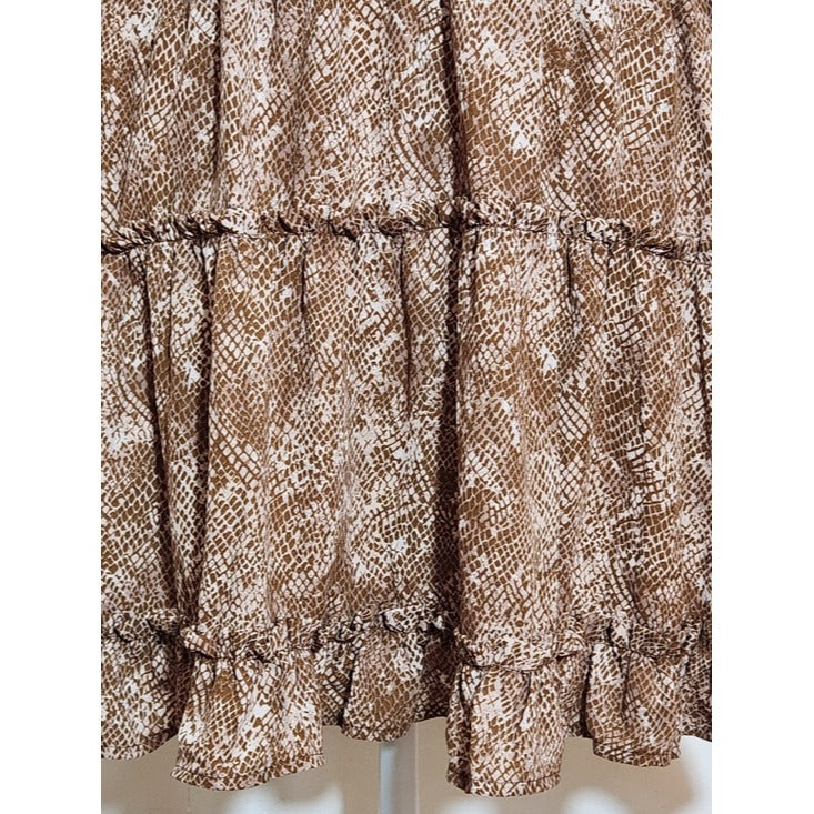 Mine Brown Snakeskin Print Tiered Mini Dress Size Medium Wedding Guest Dress