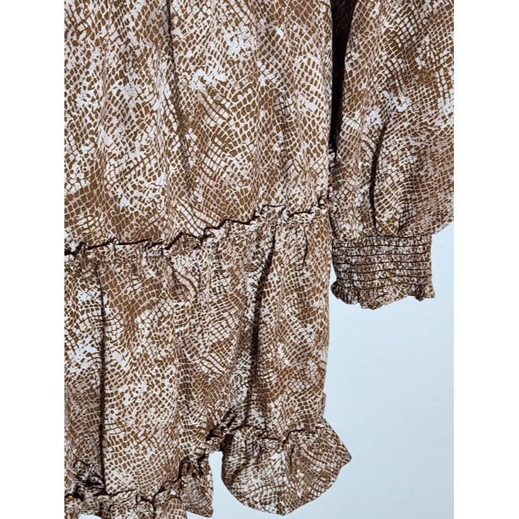 Mine Brown Snakeskin Print Tiered Mini Dress Size Medium Wedding Guest Dress