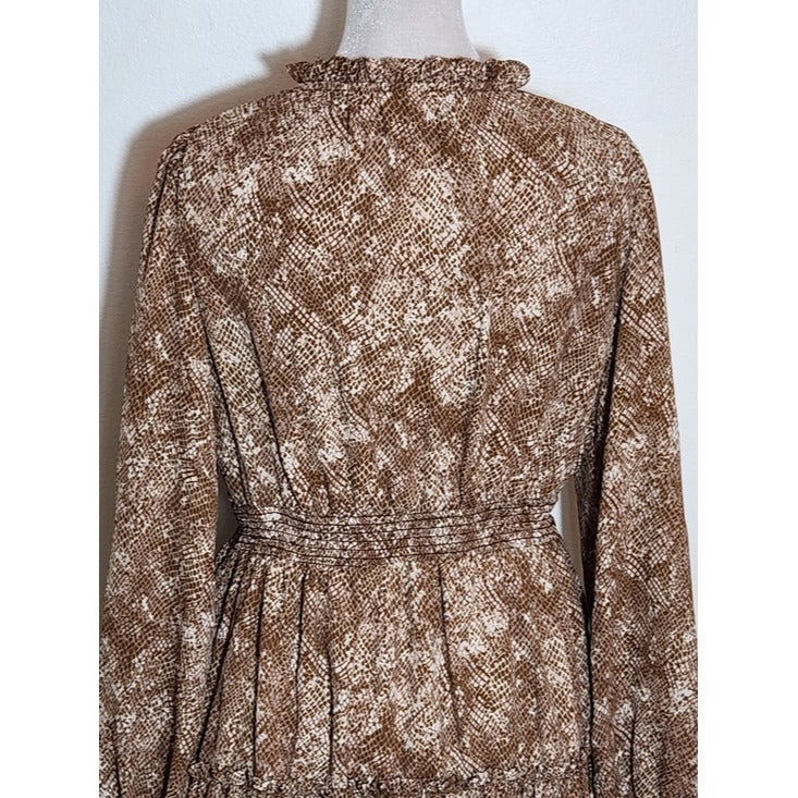 Mine Brown Snakeskin Print Tiered Mini Dress Size Medium Wedding Guest Dress