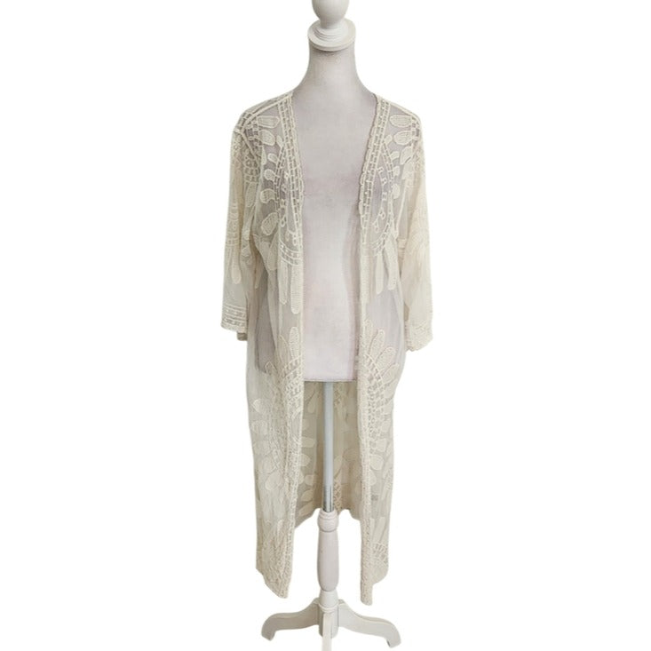 Rebellion Again Cream Sheer Crochet Lace Boho Kimono Size Small
