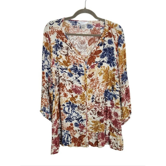 CJ Banks Colorful Abstract Floral V-Neck Blouse Size 2X