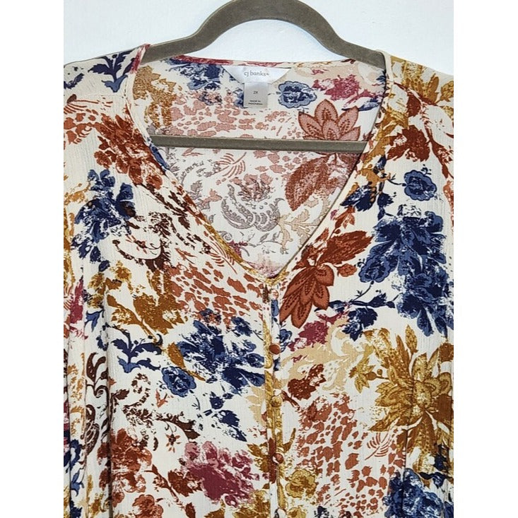 CJ Banks Colorful Abstract Floral V-Neck Blouse Size 2X