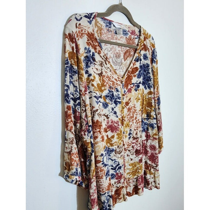 CJ Banks Colorful Abstract Floral V-Neck Blouse Size 2X