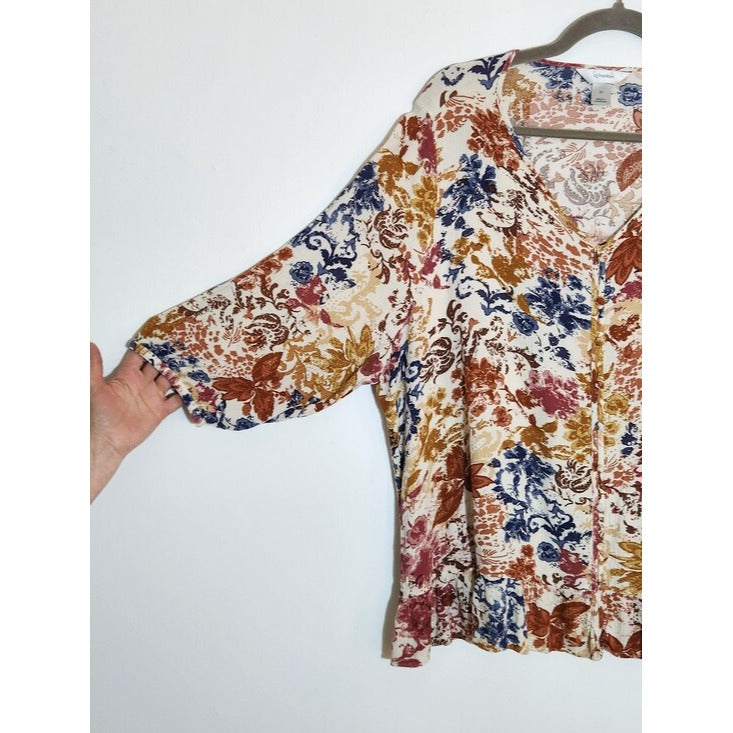 CJ Banks Colorful Abstract Floral V-Neck Blouse Size 2X